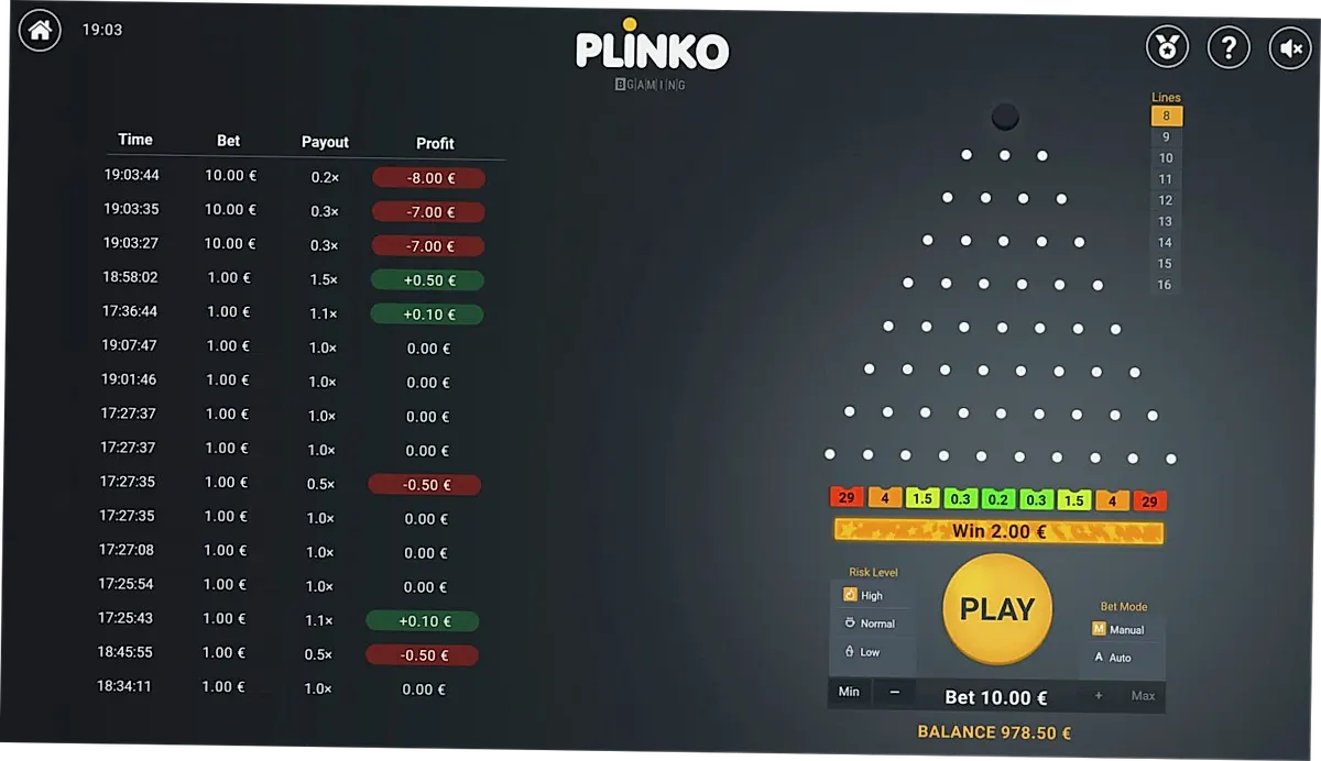 Plinko gameplay screenshot — 16 rows high risk configuration Pakistan